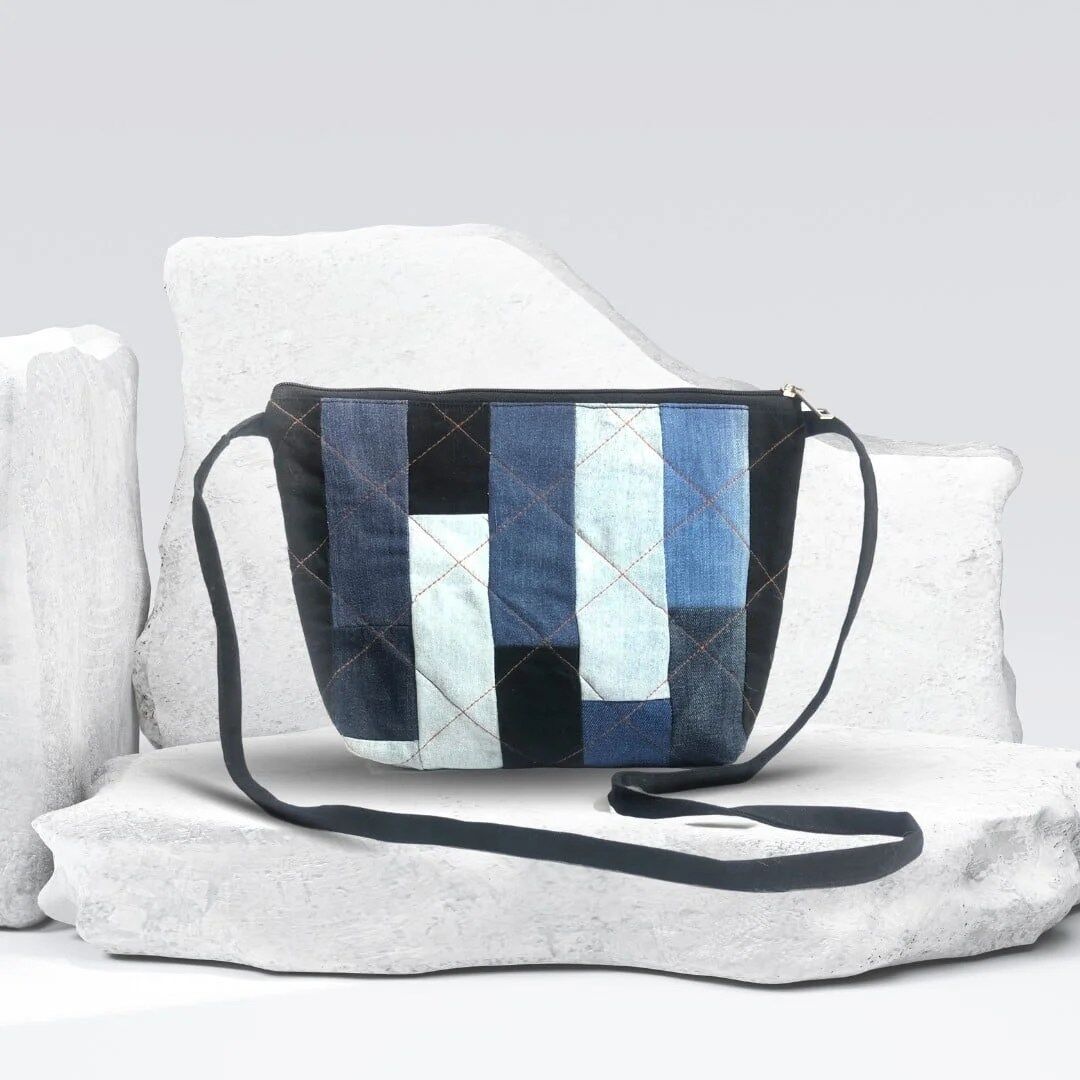 Denim patchwork sling bag